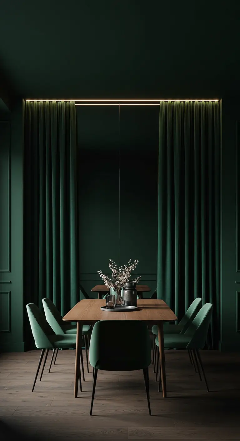 Minimalist dining room with dark green walls, curtains, and chairs.