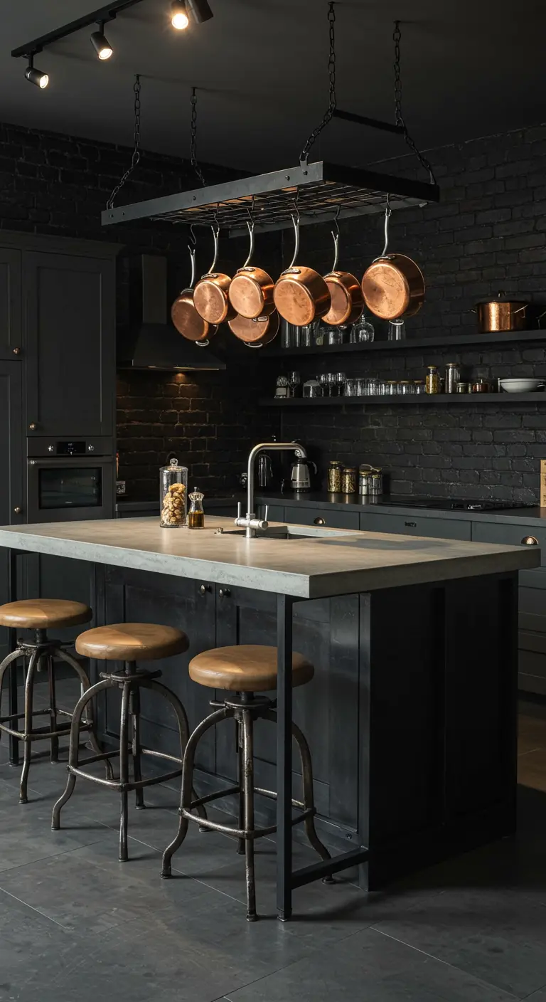 Dark industrial kitchen with black brick, concrete island, and hanging copper pots.