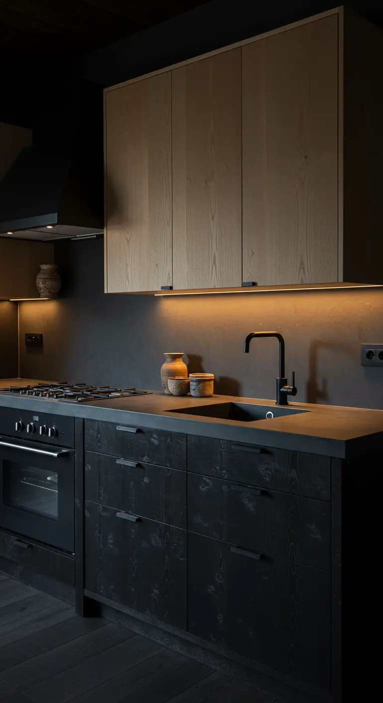 Moody Japandi kitchen with black wood cabinets and warm under-cabinet lighting.