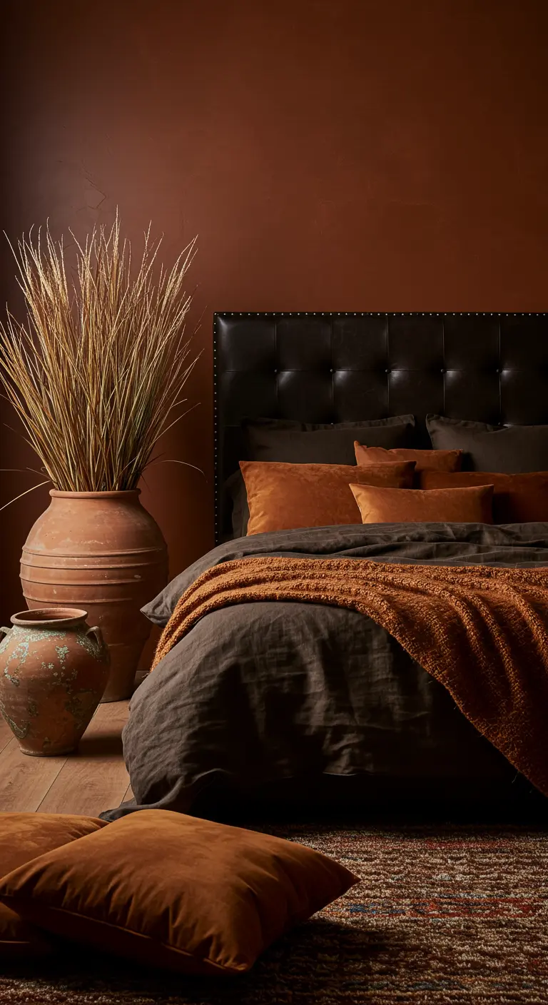 Moody bedroom with dark red walls and a black leather headboard.