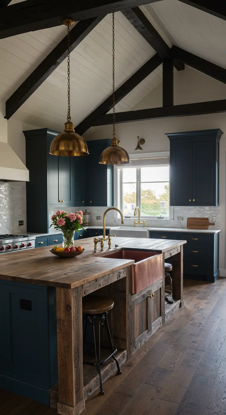 Modern farmhouse kitchen with dark teal cabinets, a copper sink, and brass dome pendants.