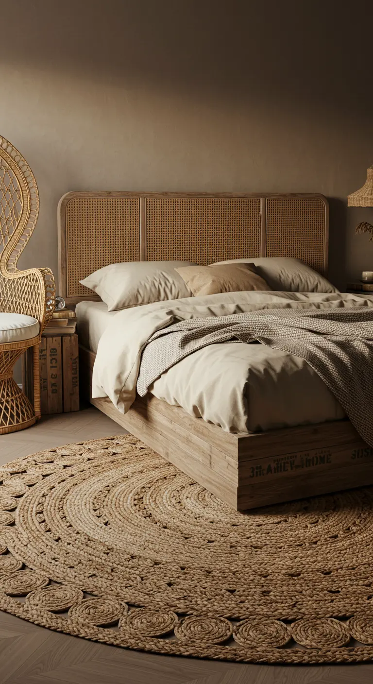 A bed with a woven rattan headboard, a round jute rug, and a peacock chair in the corner.