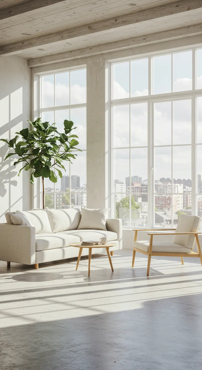 Sun-drenched loft with a white sofa, light wood armchair, and a large fiddle-leaf fig tree.