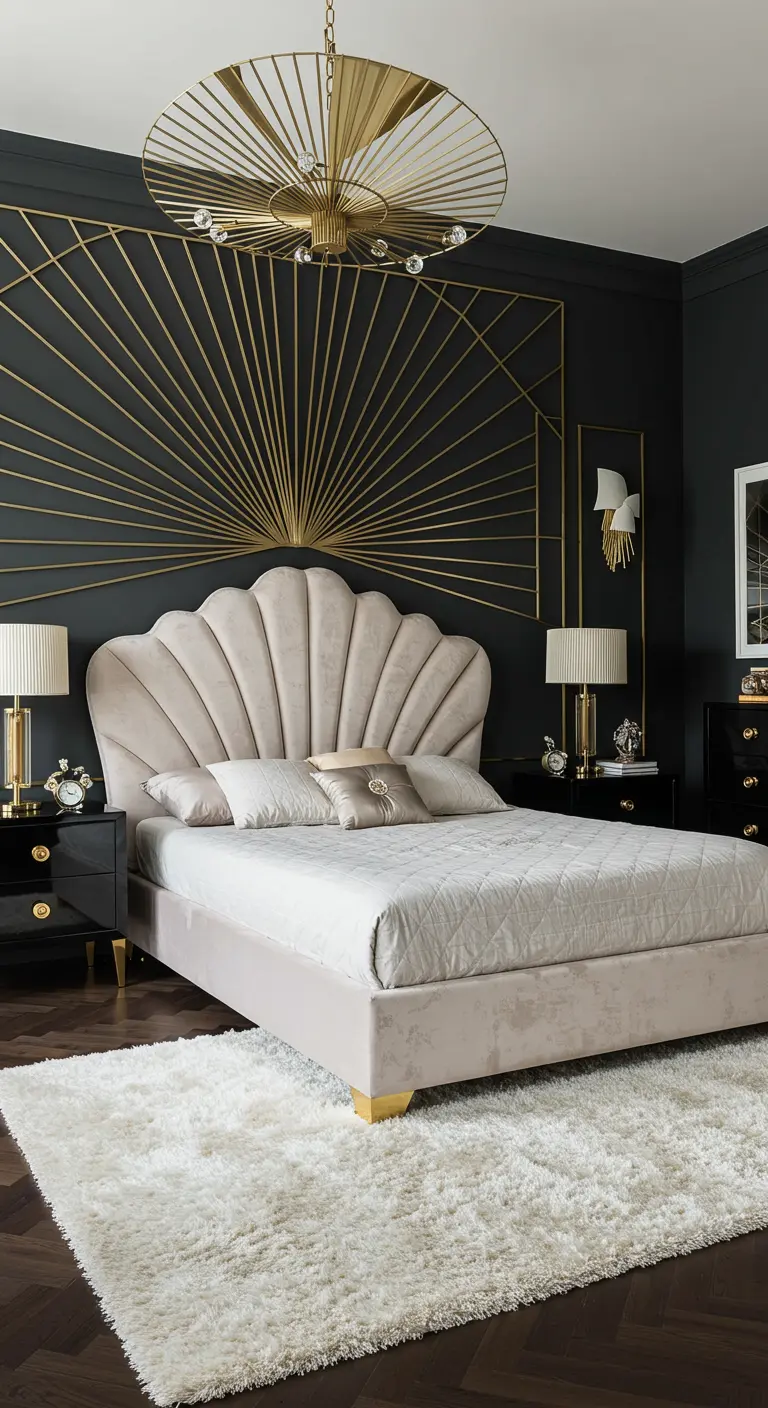 Glamorous bedroom with a cream scalloped velvet headboard and a large brass sunburst wall feature.