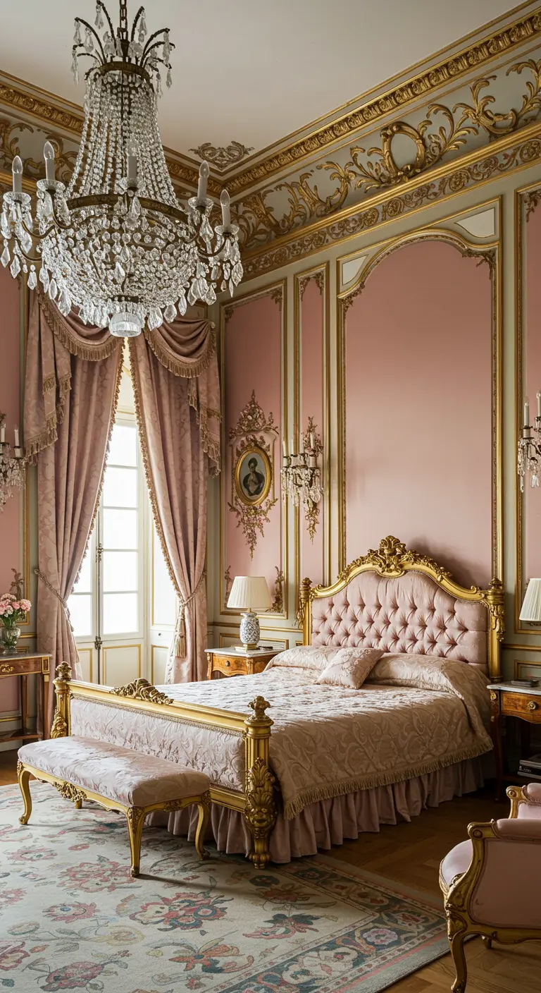 Opulent rococo-style bedroom with pink and gold gilt walls and a massive chandelier.