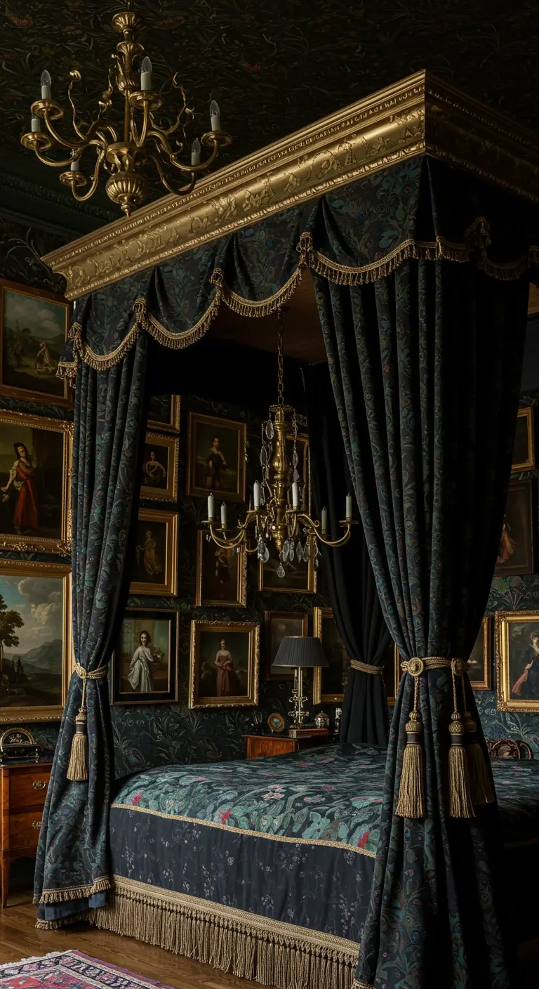 Ornate maximalist bedroom with a patterned canopy bed and gallery wall.