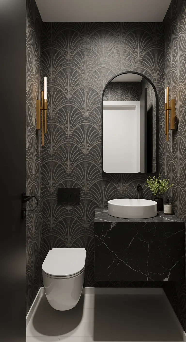 Art Deco powder room with fan-patterned wallpaper, black marble vanity, and gold sconces.