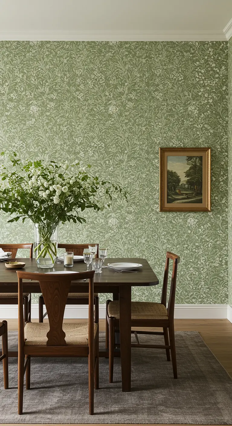 Dining room with a sage green floral wallpaper, dark wood furniture, and a landscape painting.