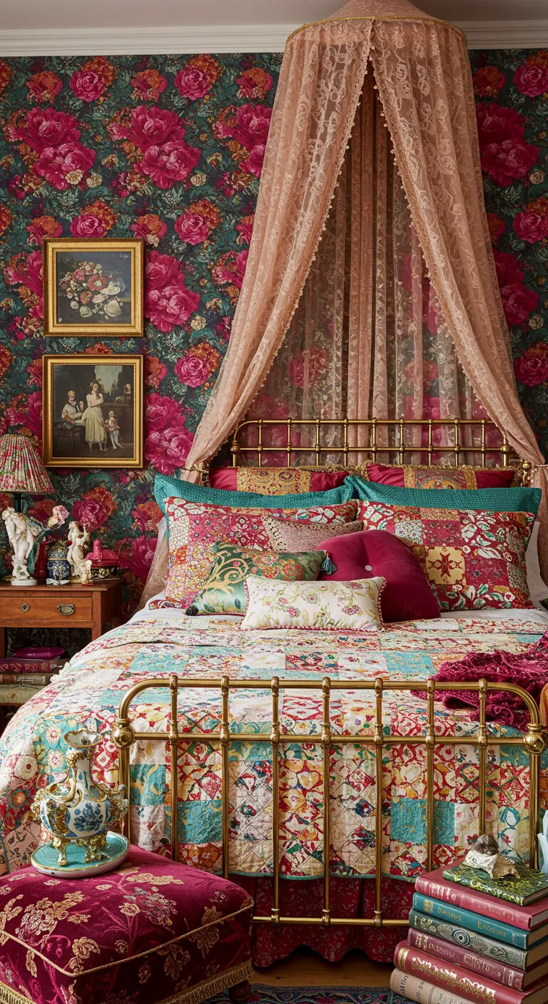 A maximalist bedroom with bold floral wallpaper, a patchwork quilt, and a pink lace canopy.