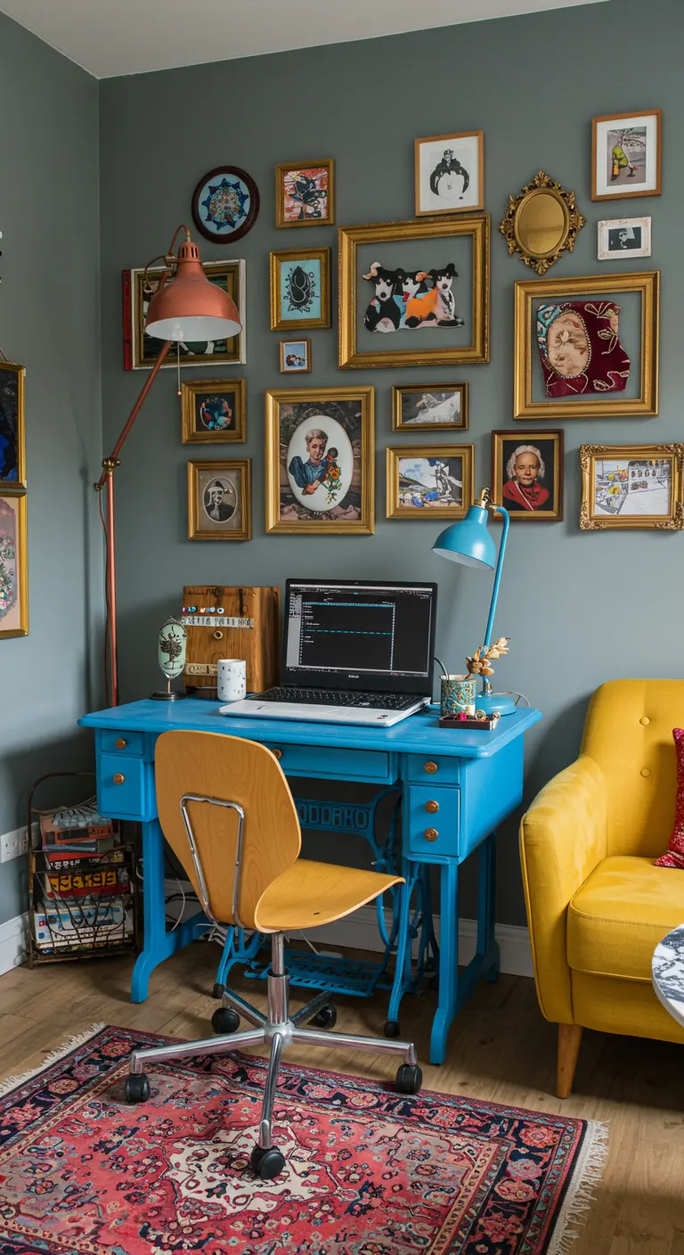 An eclectic living room with a bright blue desk, yellow armchair, and a dense gallery wall.