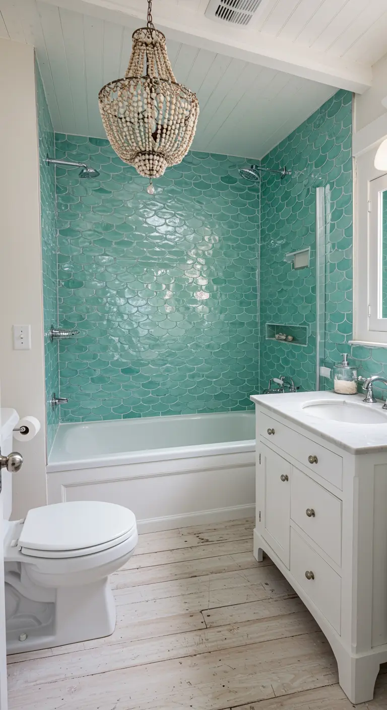 Bathroom with aqua fish scale tiles, white vanity, and beaded chandelier.