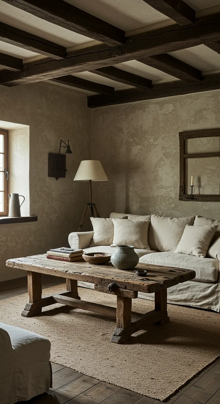 Rustic living room with plaster walls, dark wood ceiling beams, and a primitive wood table.