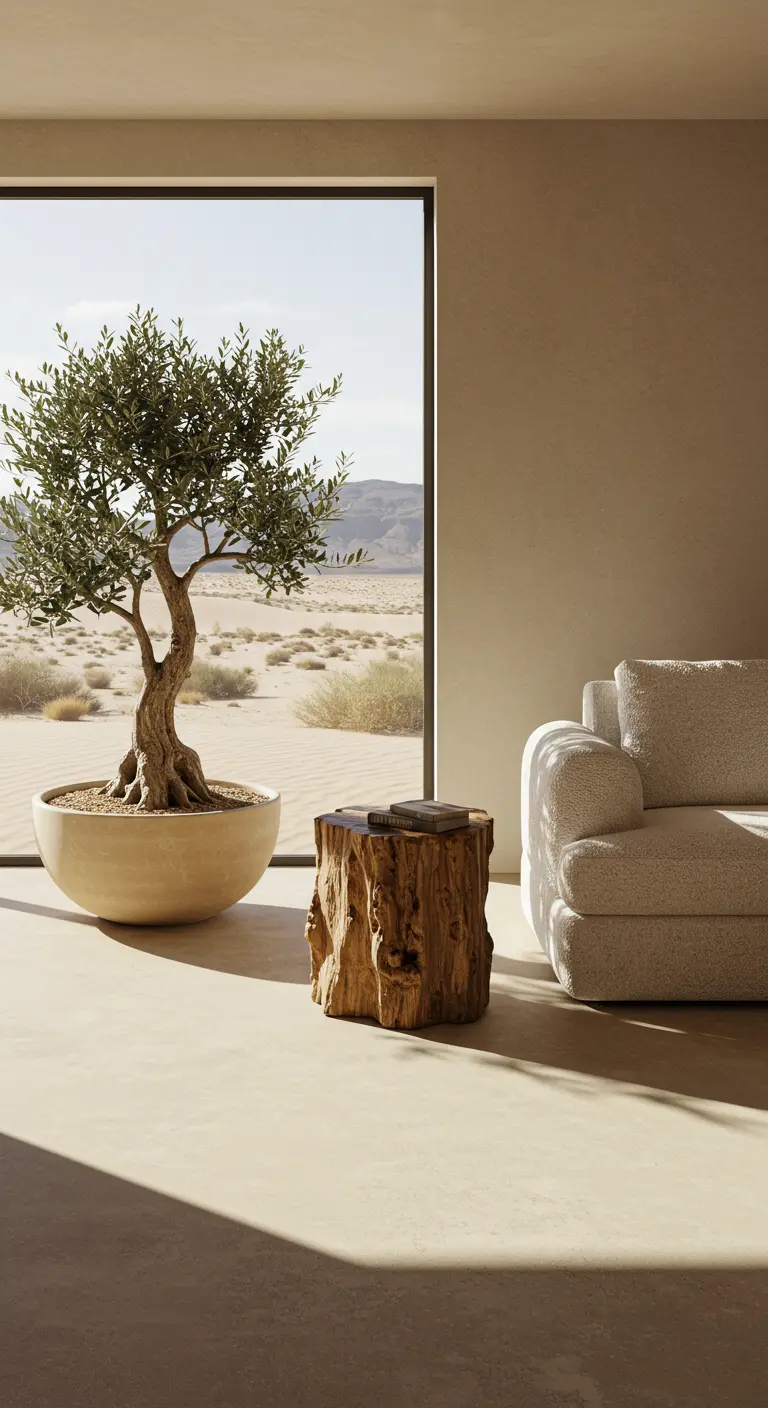 A rustic tree stump side table next to a large olive tree bonsai and a cozy white sofa.