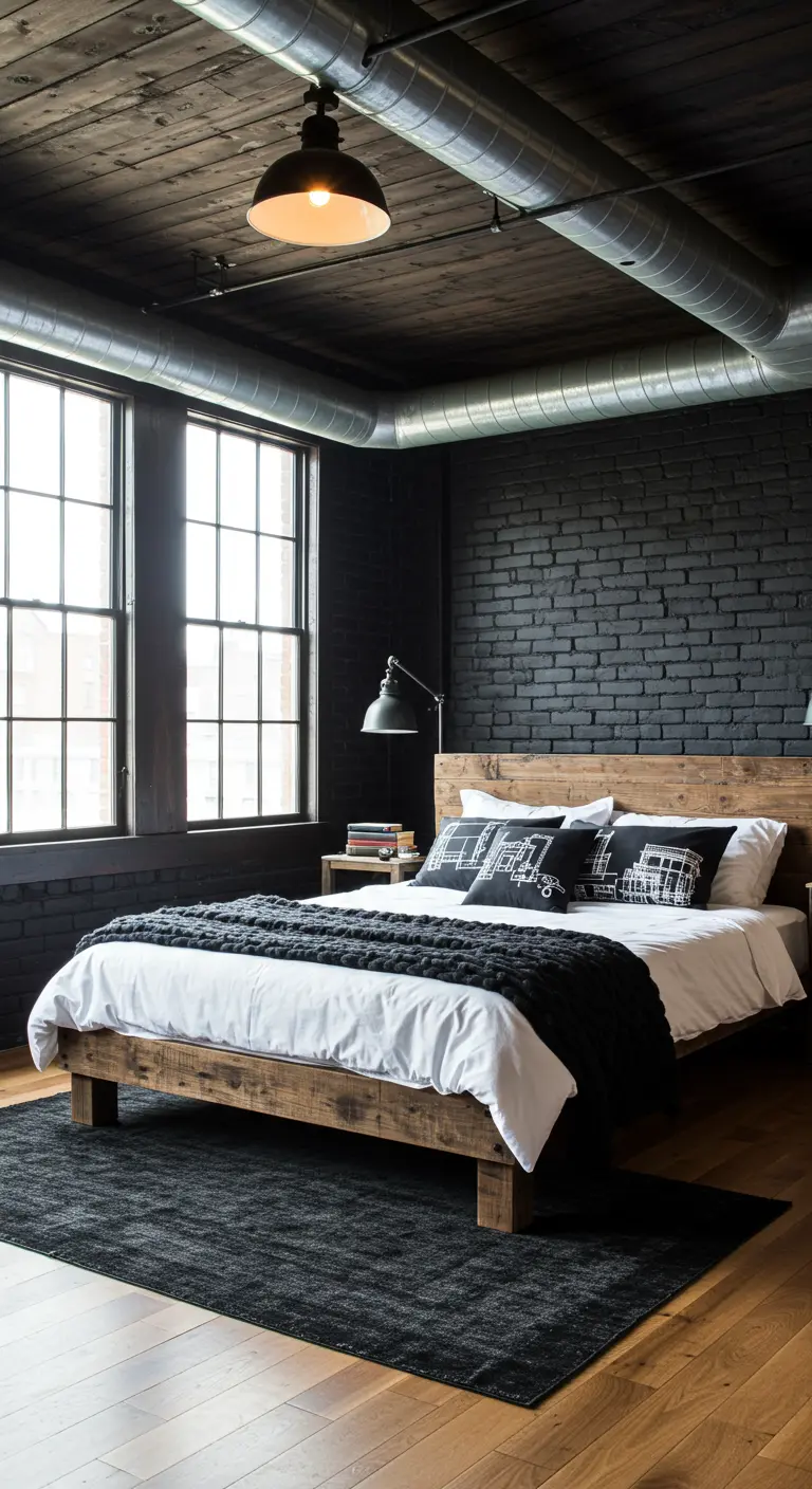 Industrial loft bedroom with a black brick wall, exposed ductwork, and a wooden bed.