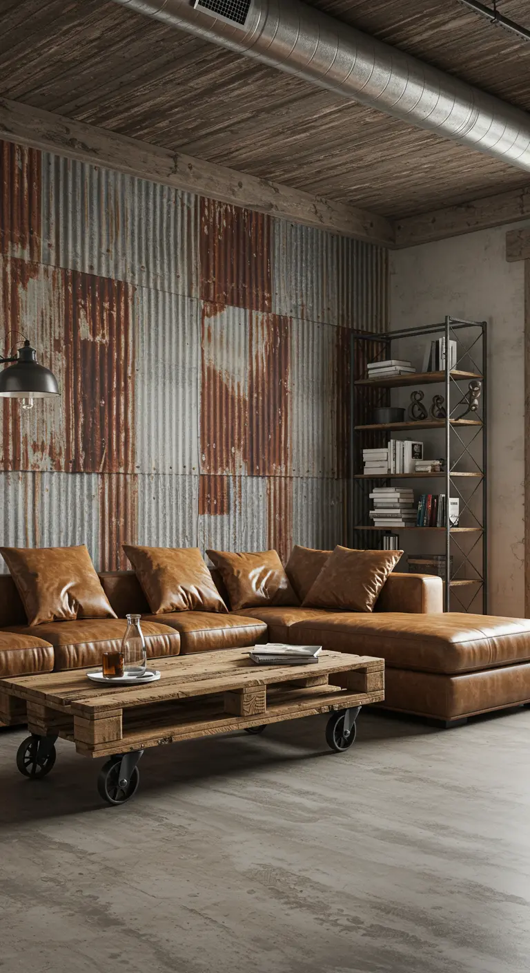Industrial living room with faux corrugated metal wallpaper and a brown leather sectional sofa.