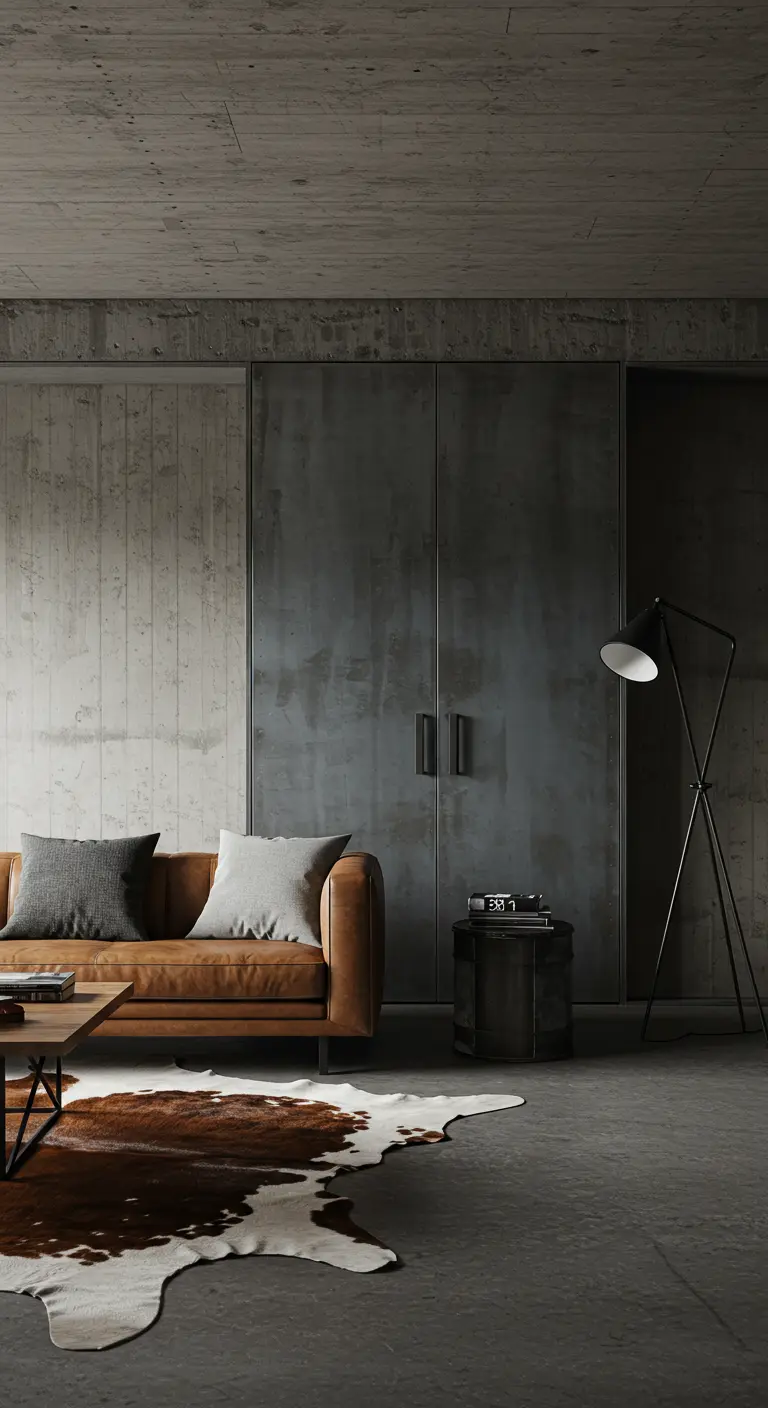 An industrial studio with raw concrete walls and large, patinated steel cabinet doors.