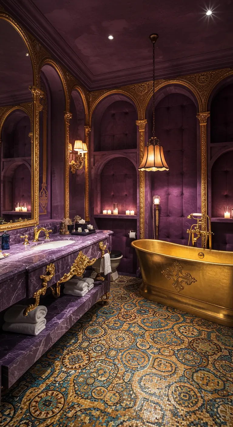 Opulent bathroom with purple tufted walls, a gold bathtub, and ornate gold architectural details.
