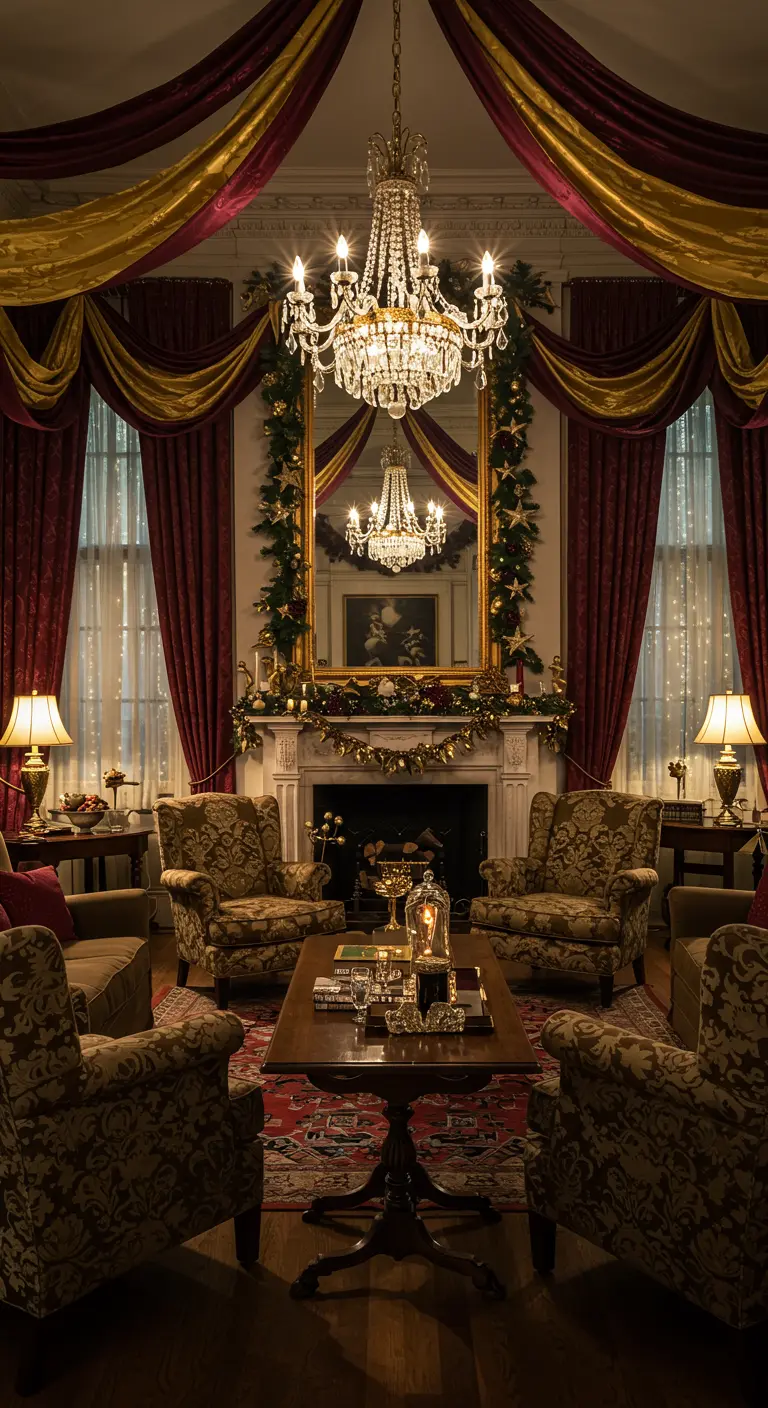 A grand, traditional living room with draped fabrics, a crystal chandelier, and garlands.