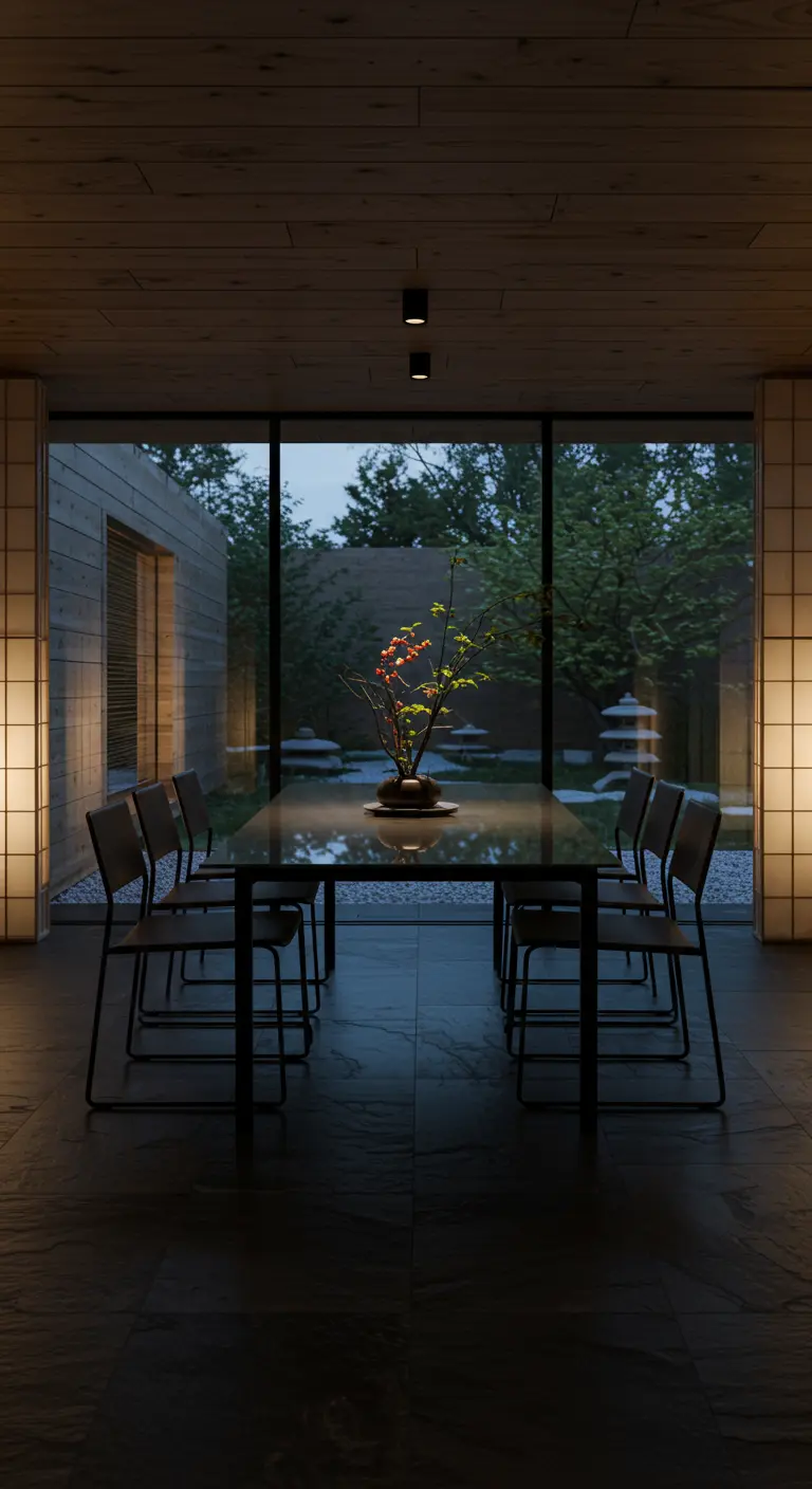 Minimalist dining table overlooking a Japanese-style garden at dusk.