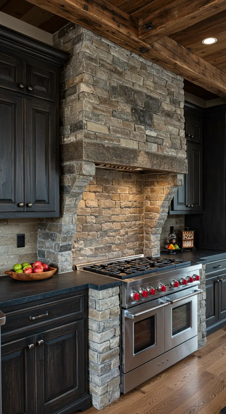 Rustic kitchen with a large stacked stone range hood, dark wood cabinets, and a professional stove.