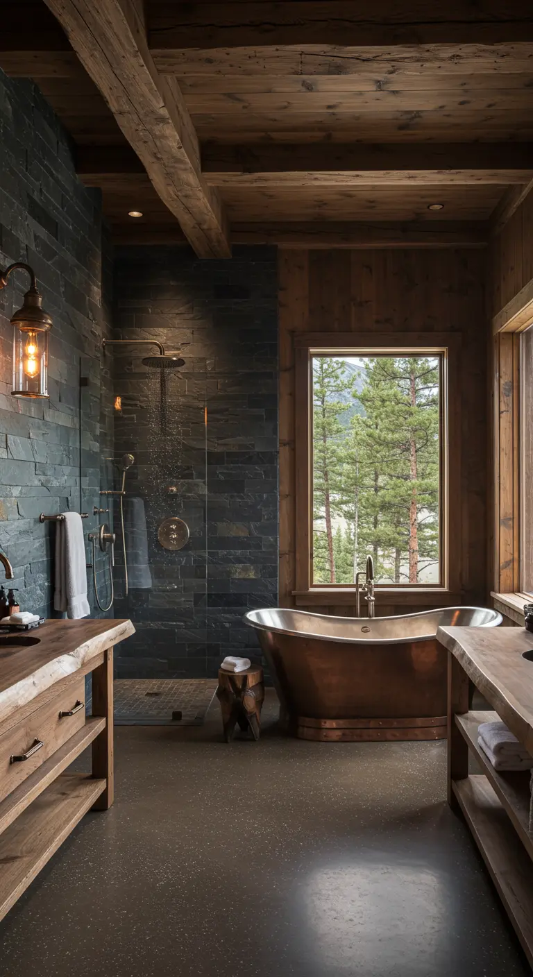 Rustic bathroom with stacked slate shower, wood beams, and a freestanding copper tub.