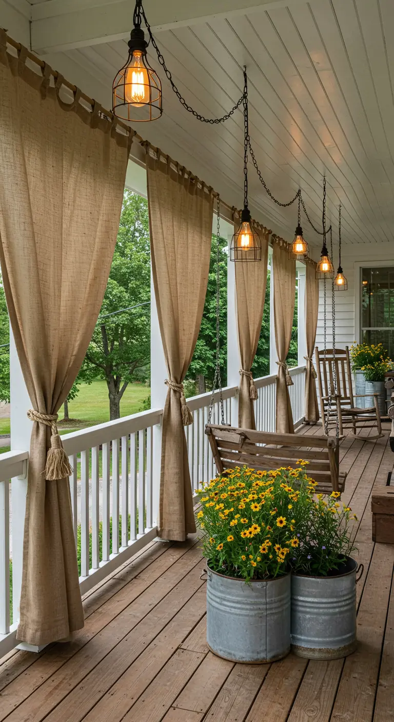A farmhouse porch with burlap curtains tied with rope, a wooden swing, and galvanized planters.