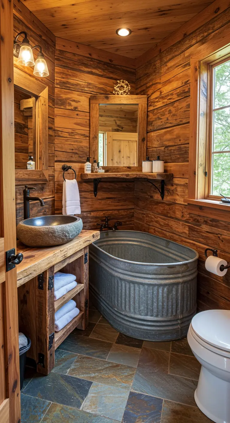 Rustic bathroom with reclaimed wood walls and a galvanized stock tank tub.
