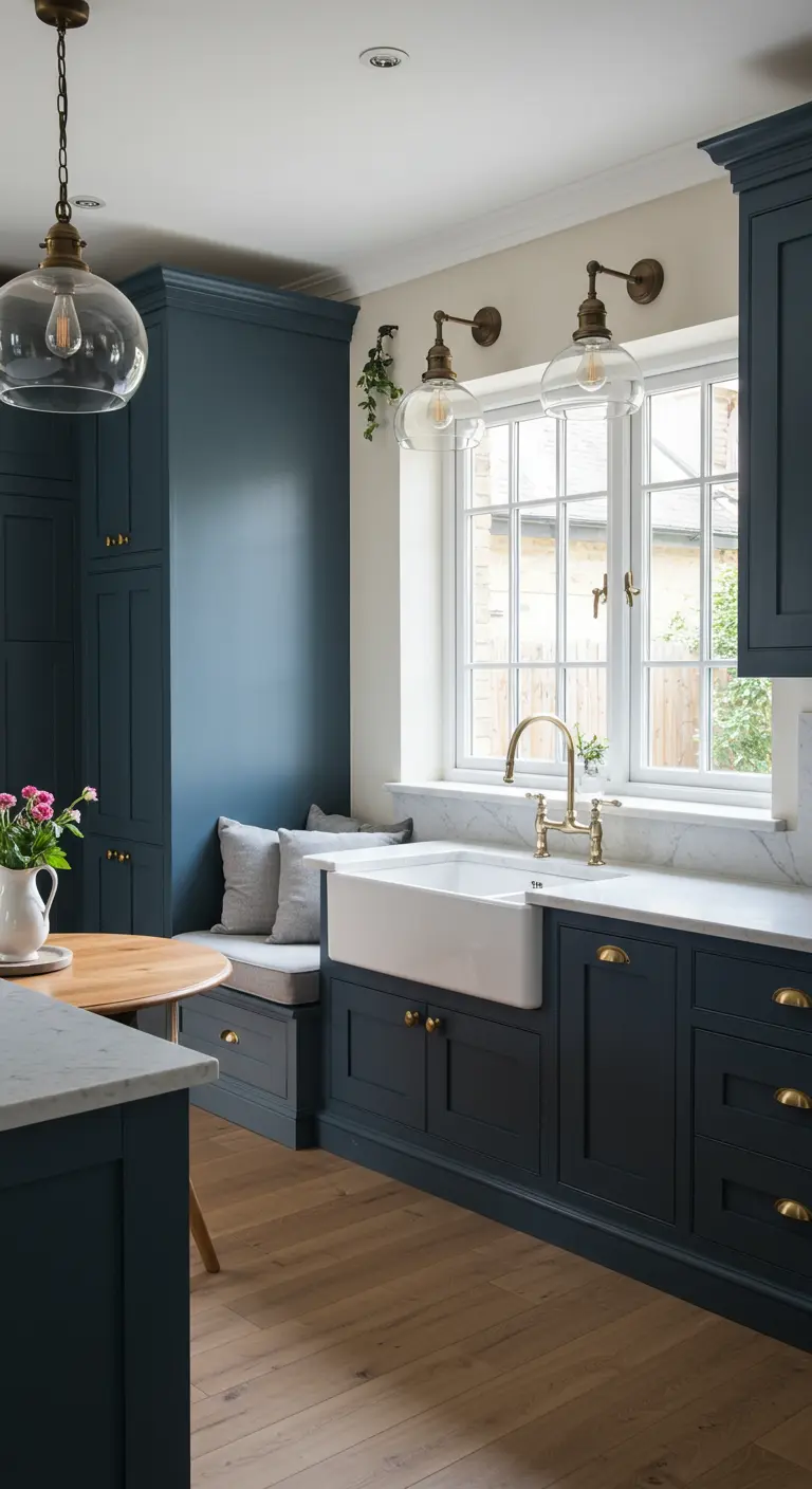 Dark blue shaker kitchen with a built-in corner banquette and brass hardware.