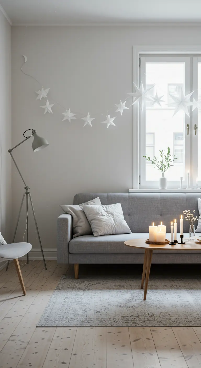 A minimalist Scandinavian living room with a simple white paper star garland.