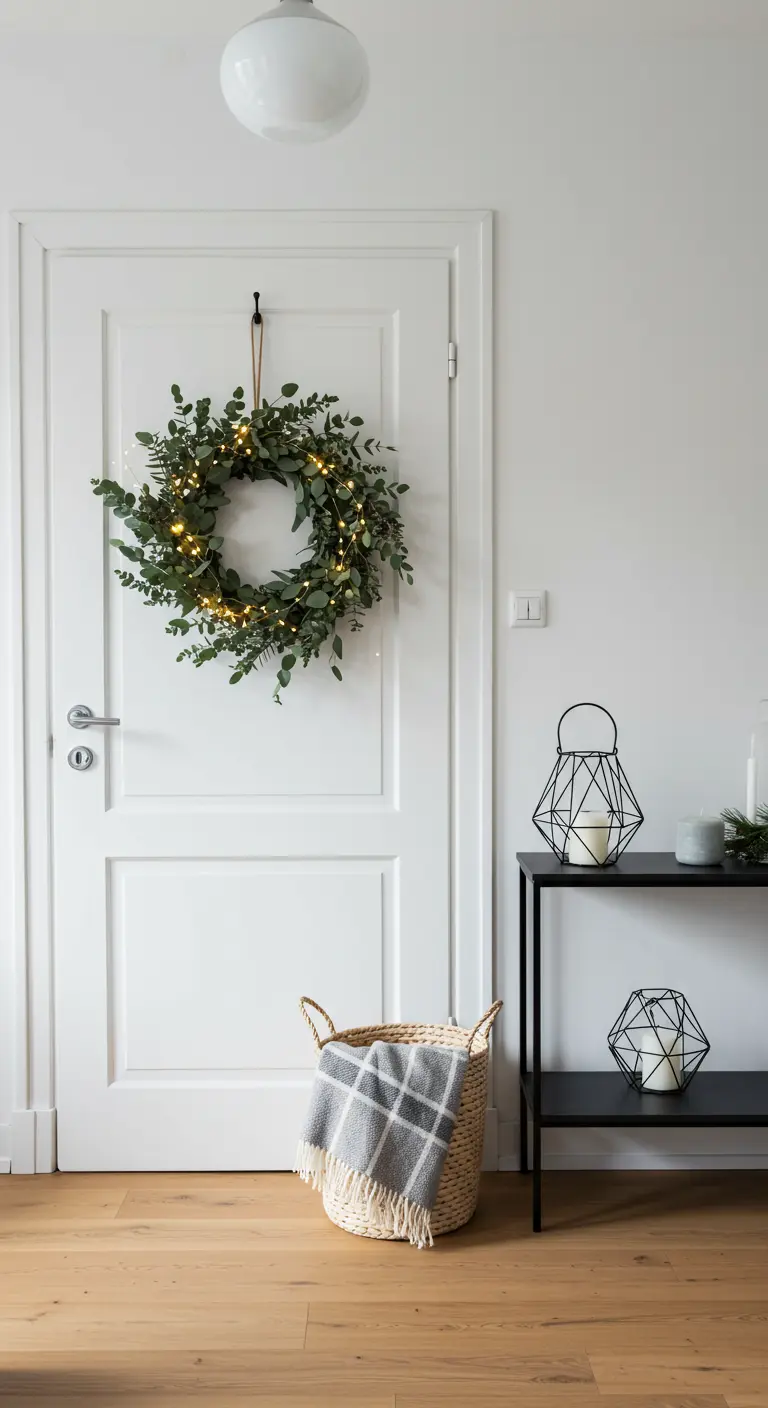 White door with a lit eucalyptus wreath and minimalist geometric lanterns on a black console table.