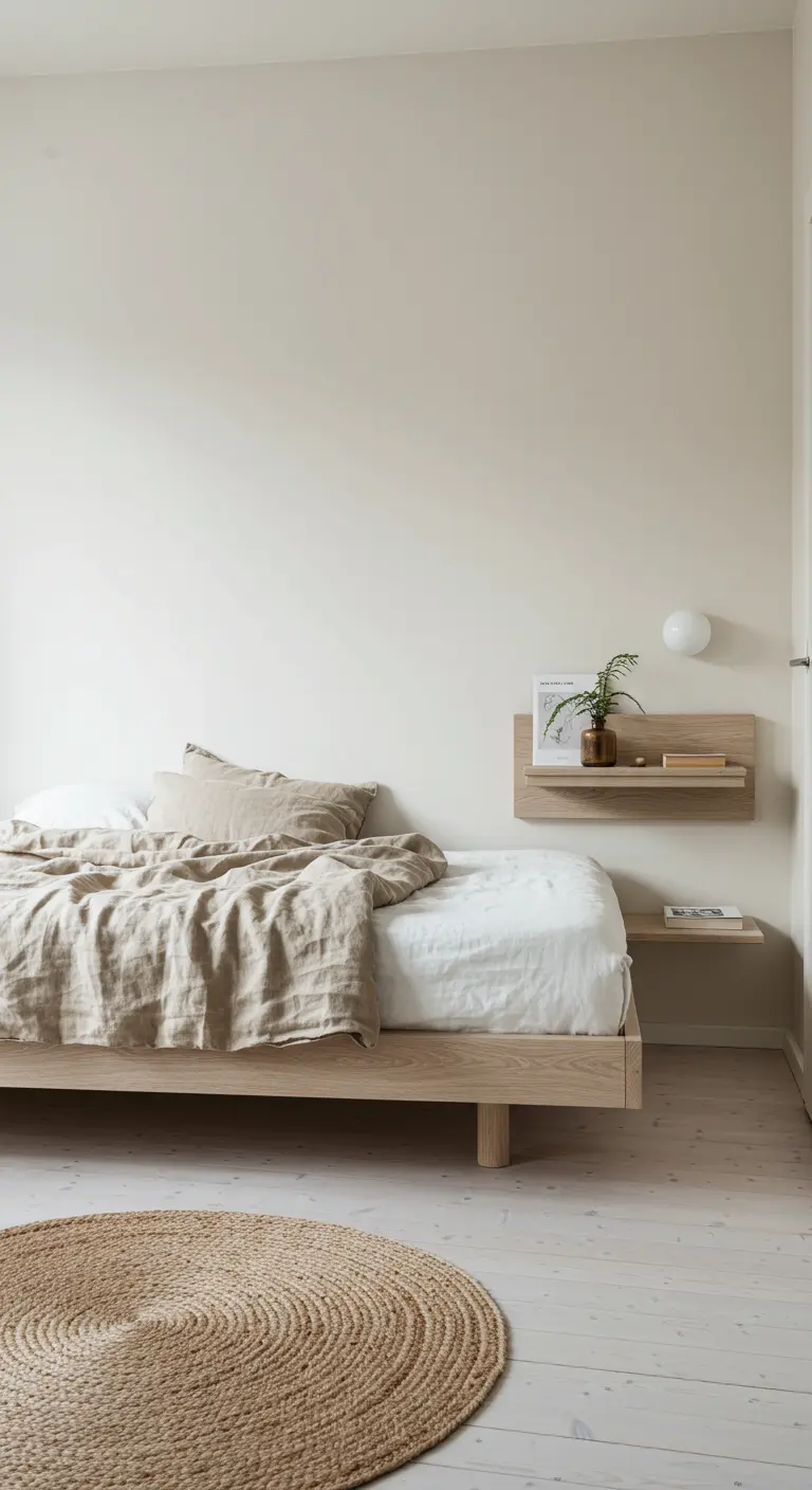 Minimalist bedroom with a light wood bed and a floating wooden nightstand shelf.