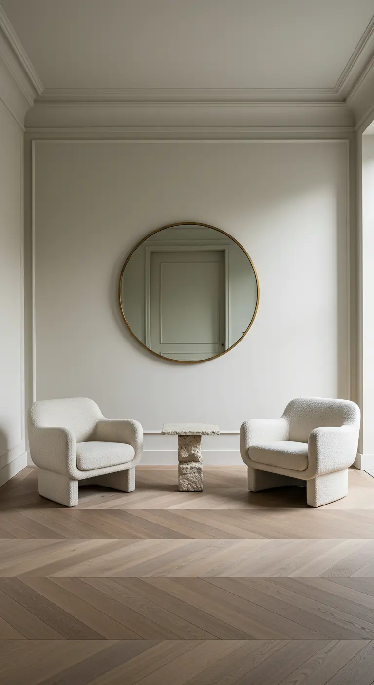 Symmetrical room with two white bouclé armchairs, a travertine side table, and an oval mirror.