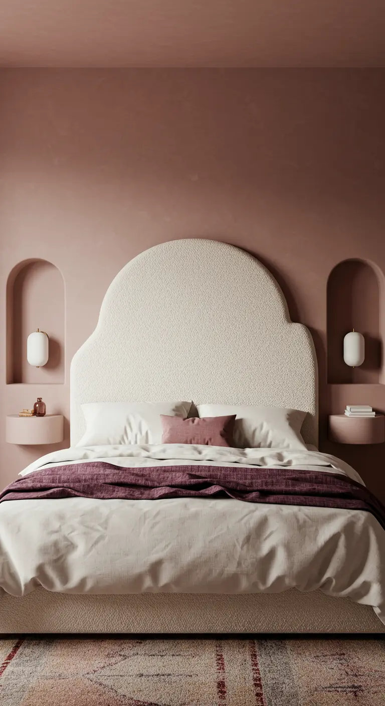 Bedroom with dusty rose walls, a cream bouclé headboard, and matching arched side table niches.