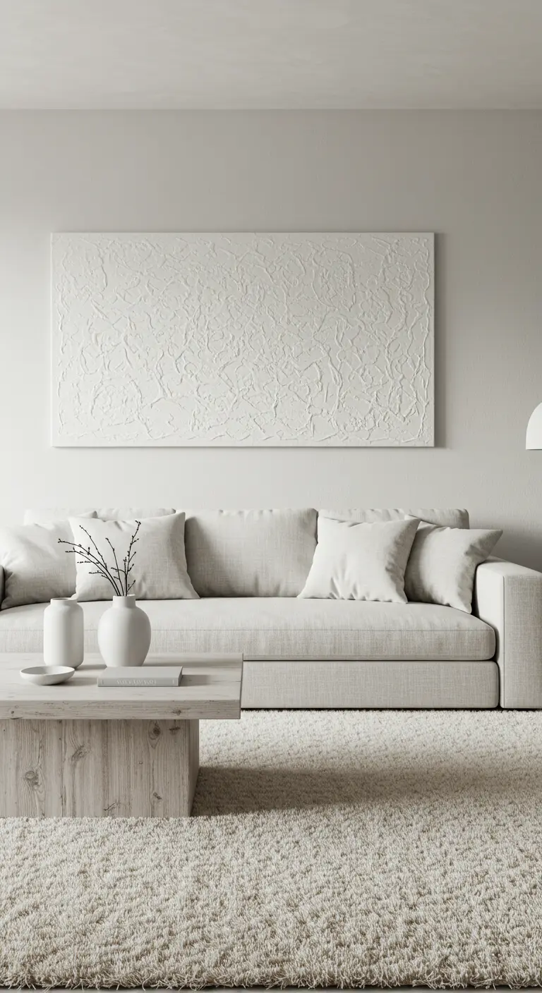A large, white textured plaster art piece hangs above a beige sofa in a minimal living room.