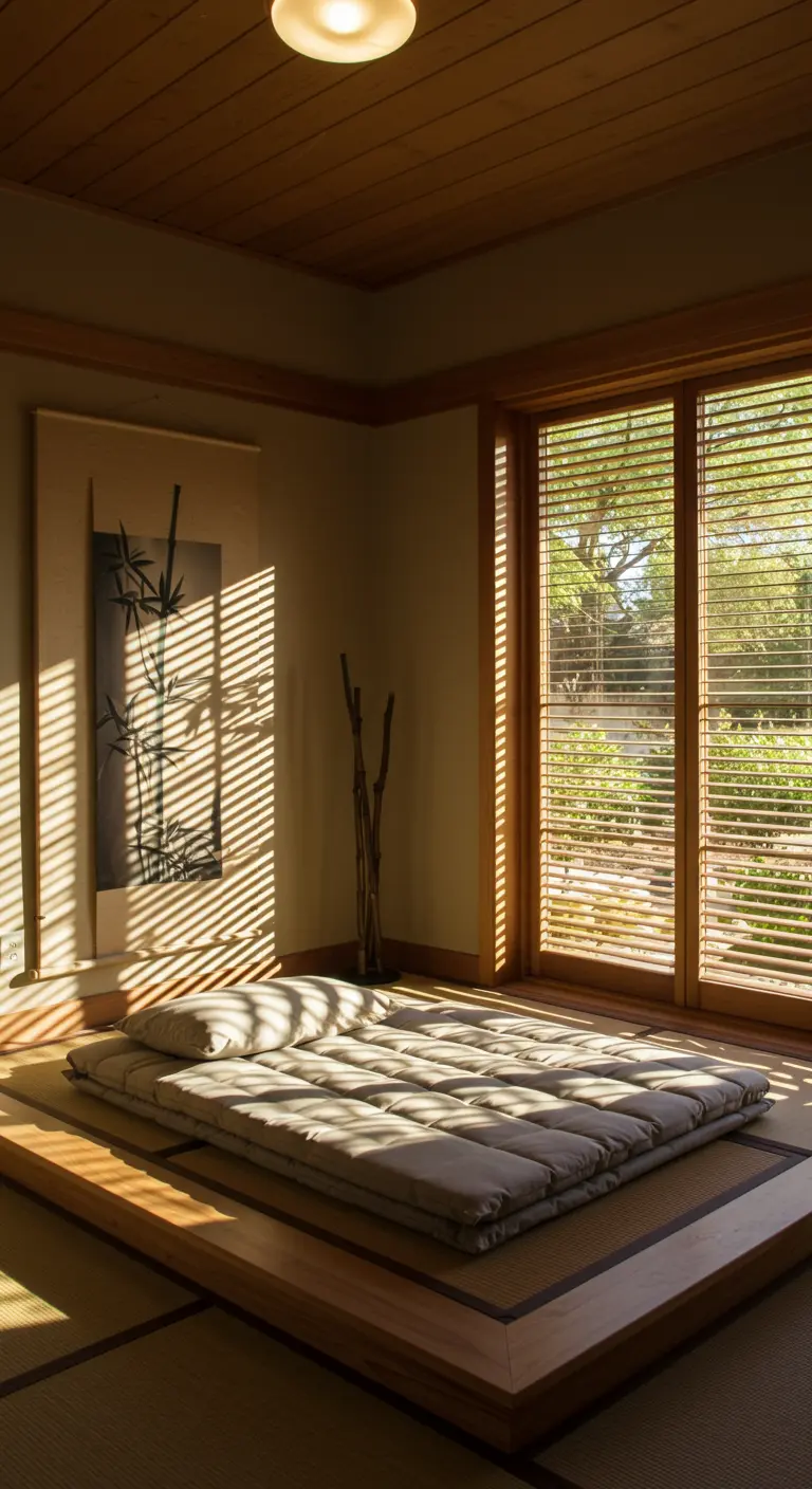 A minimalist Japanese-style room with a floor mattress and a large bamboo scroll on the wall.