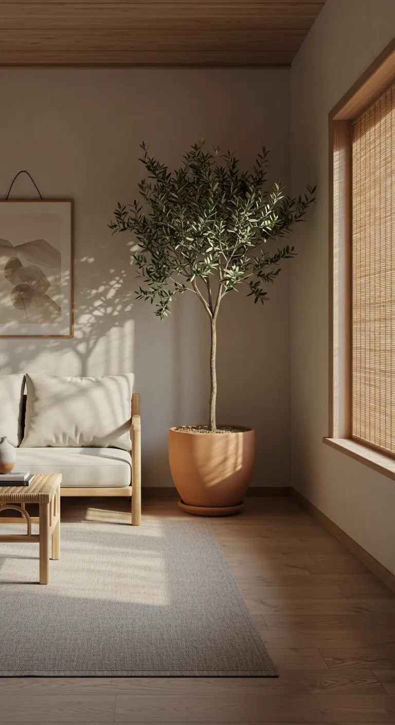 A minimalist living room with a single olive tree in a terracotta pot casting soft shadows.