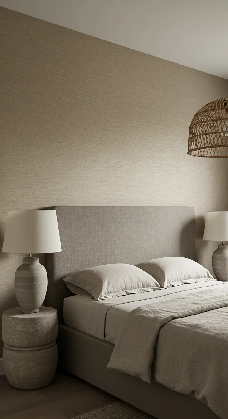Neutral bedroom with textured wallpaper, ceramic lamps, and a simple grey headboard.