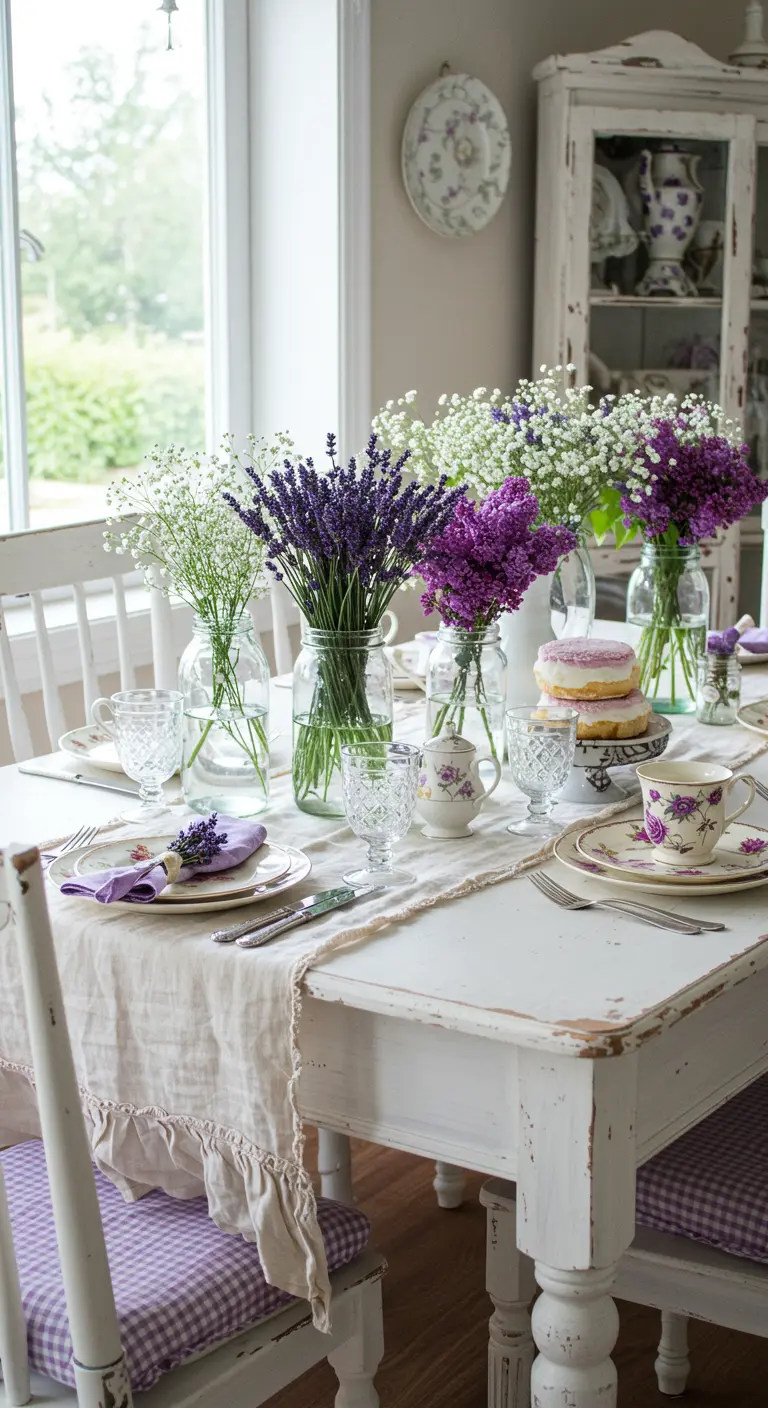 White distressed table with a linen runner and multiple jars of purple and white flowers.