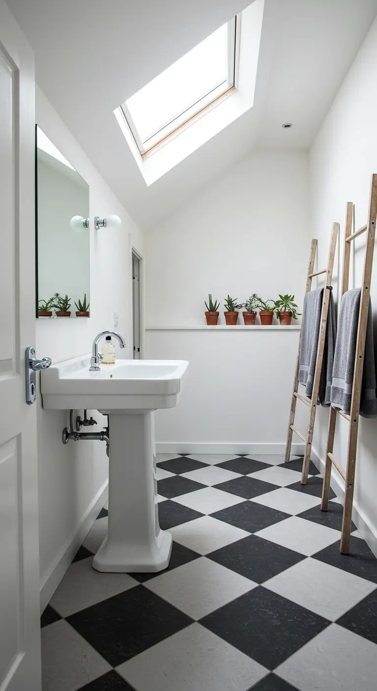 Bright, white attic bathroom with a skylight, ladder towel rack, and checkerboard floor.