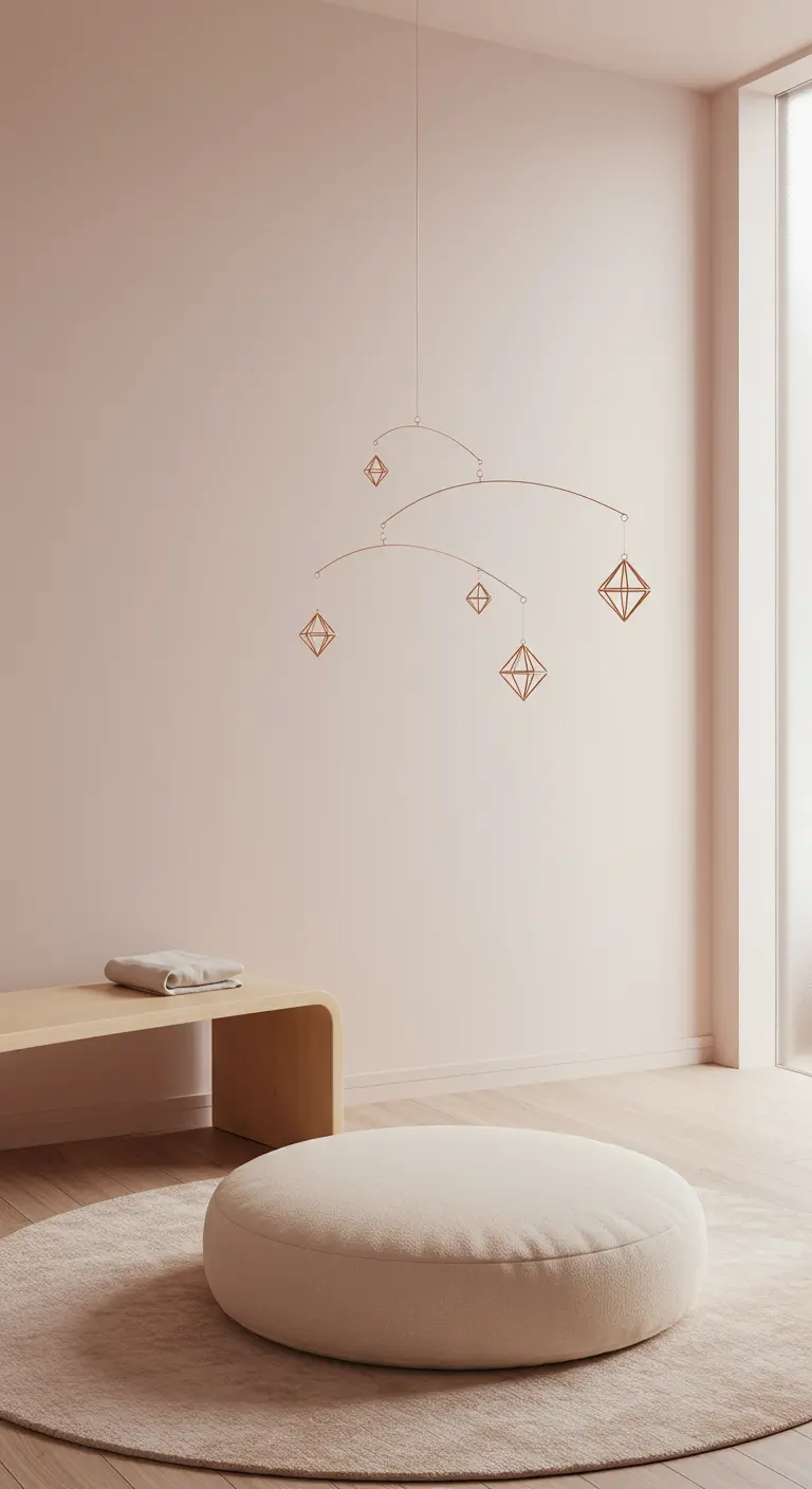 Minimalist room with a cream ottoman and a hanging rose gold geometric mobile.