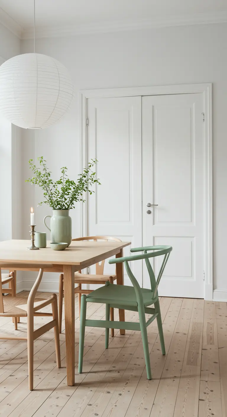 Minimalist dining area with a light wood table and a single sage green accent chair.