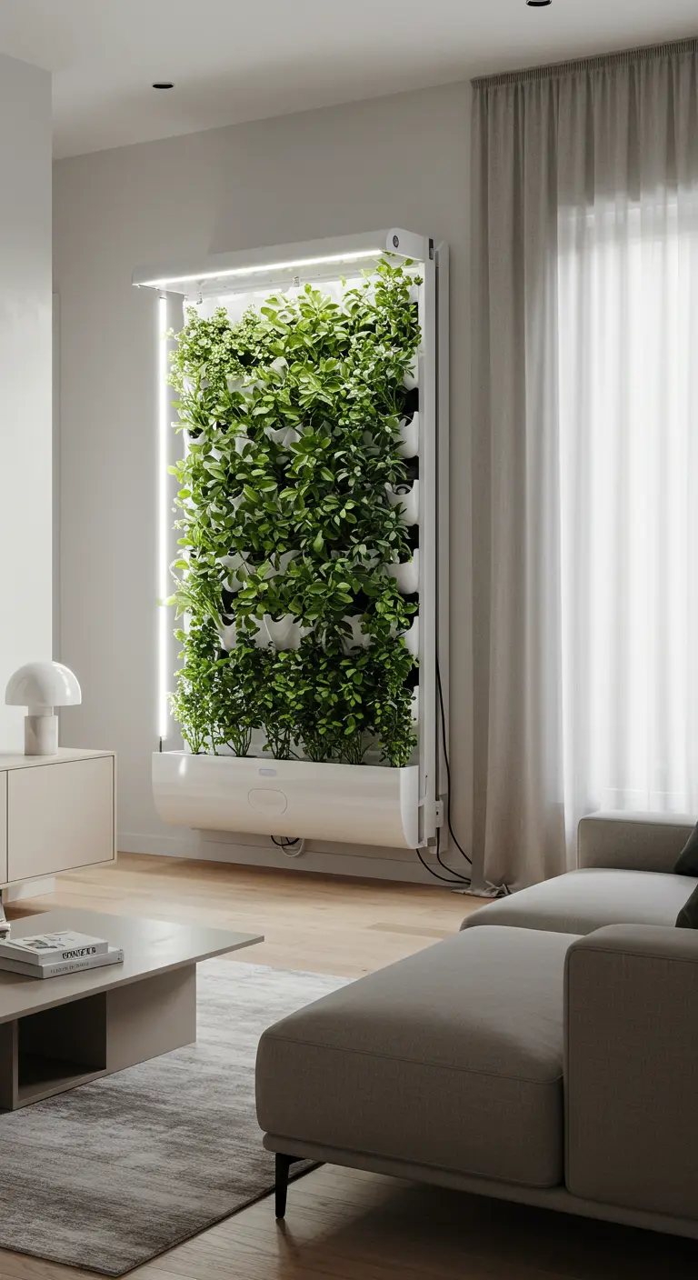 A modern, white hydroponic vertical garden system with integrated lighting in a living room.