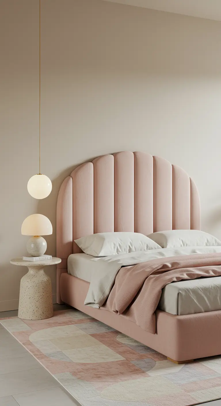 Bedroom featuring a curved, channel-tufted pink headboard and globe lighting.