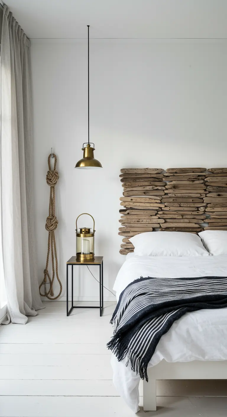 Minimalist white bedroom with a driftwood headboard and a decorative rope knot on the wall.