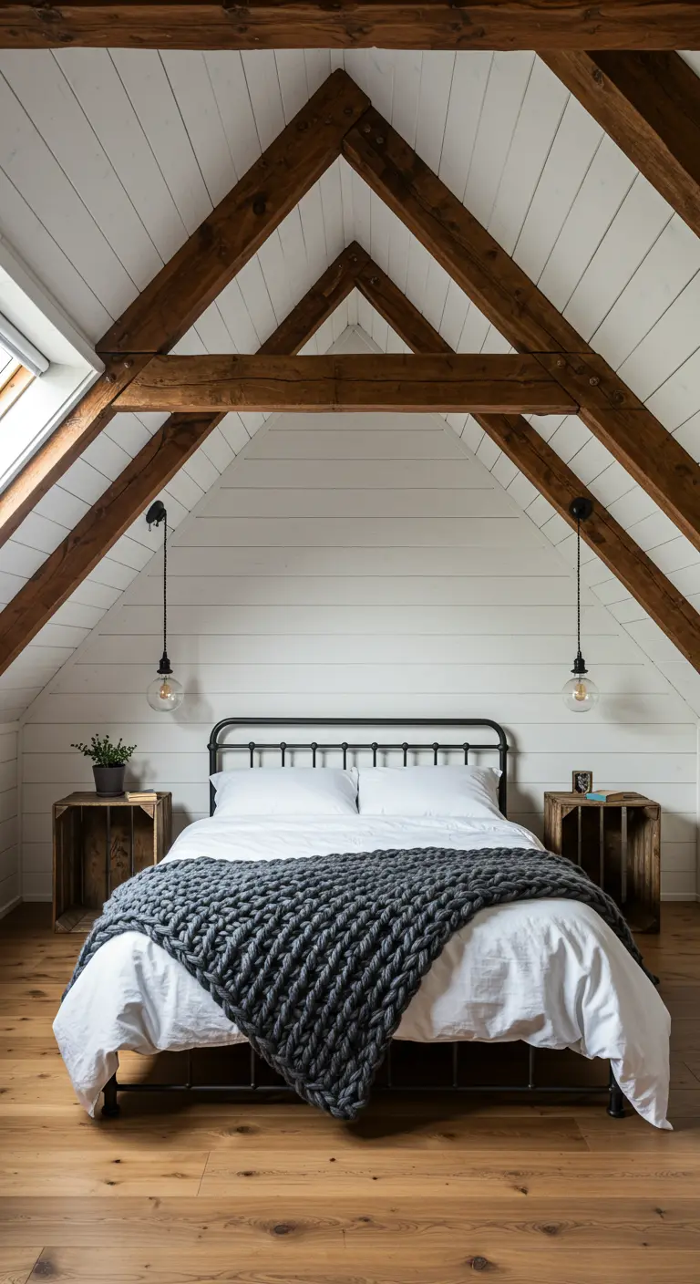Attic bedroom with exposed wood beams, a metal frame bed, and hanging Edison bulbs.