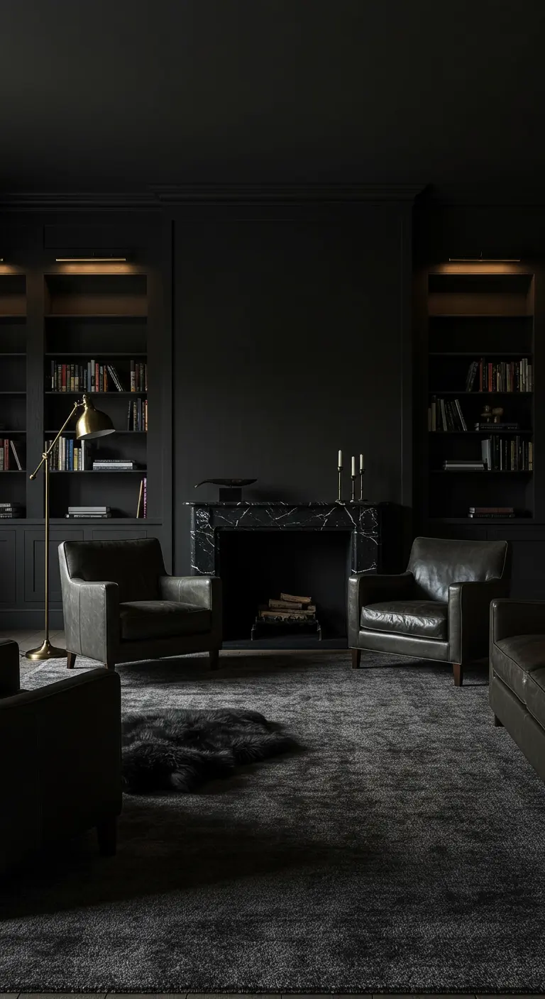 Dark library with black walls, built-in shelves, and leather chairs.