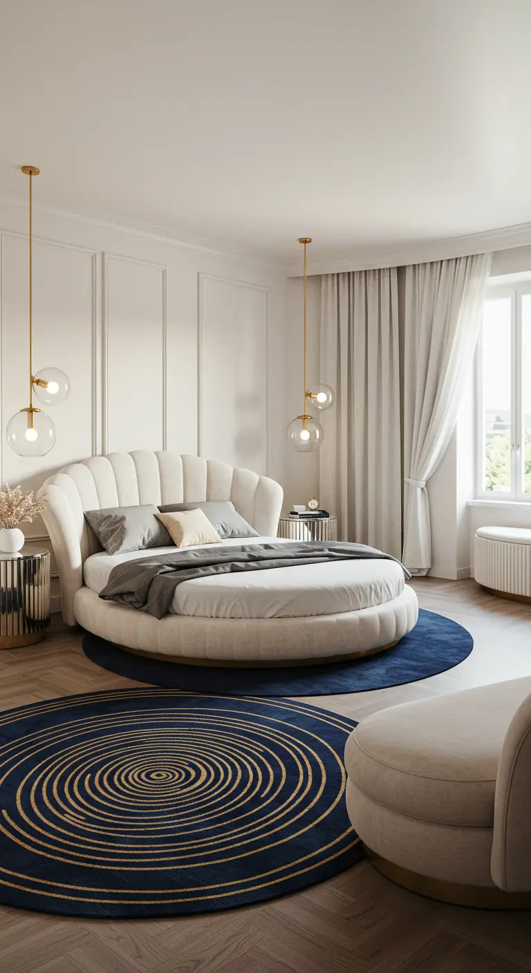 Luxurious bedroom with a round white tufted bed and a circular blue and gold rug.