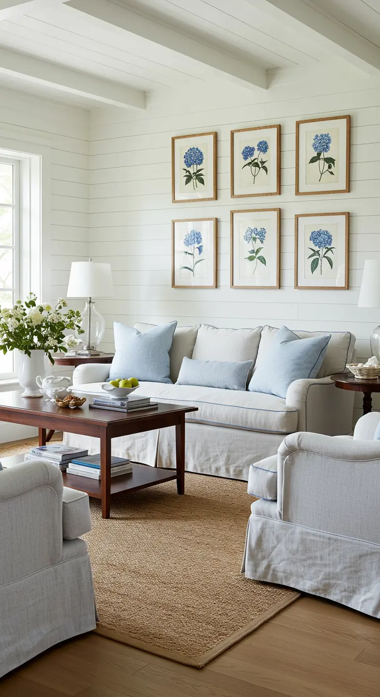A cozy attic living space with slanted white shiplap walls and a large round jute rug.