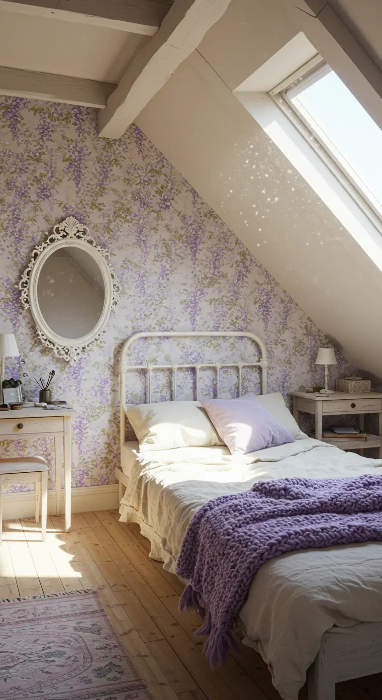 Attic bedroom with lavender wisteria wallpaper, a white metal bed, and a white oval vintage mirror.