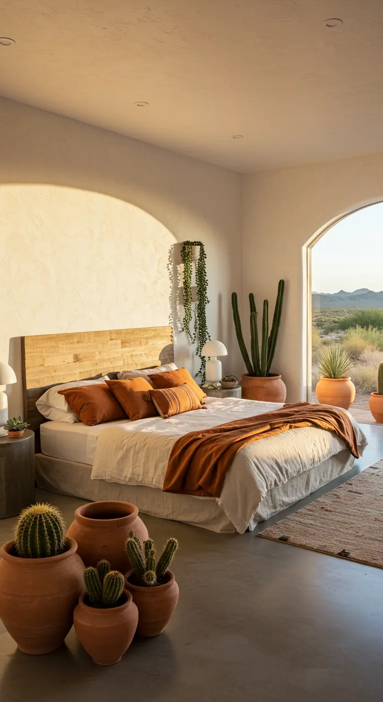 Sunlit desert-style bedroom with an arched window and terracotta pots.